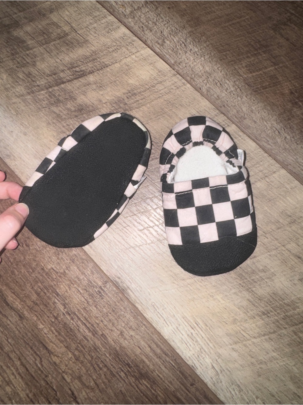 Black Checkered Baby Booties: Handmade Soft Sole Moccasins Grippy Toe Infant 5 - Picture 2 of 3